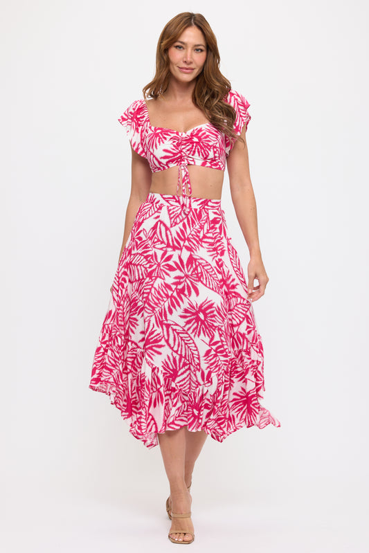Front Tie Crop Top & Leaf Print Ruffle Skirt Set