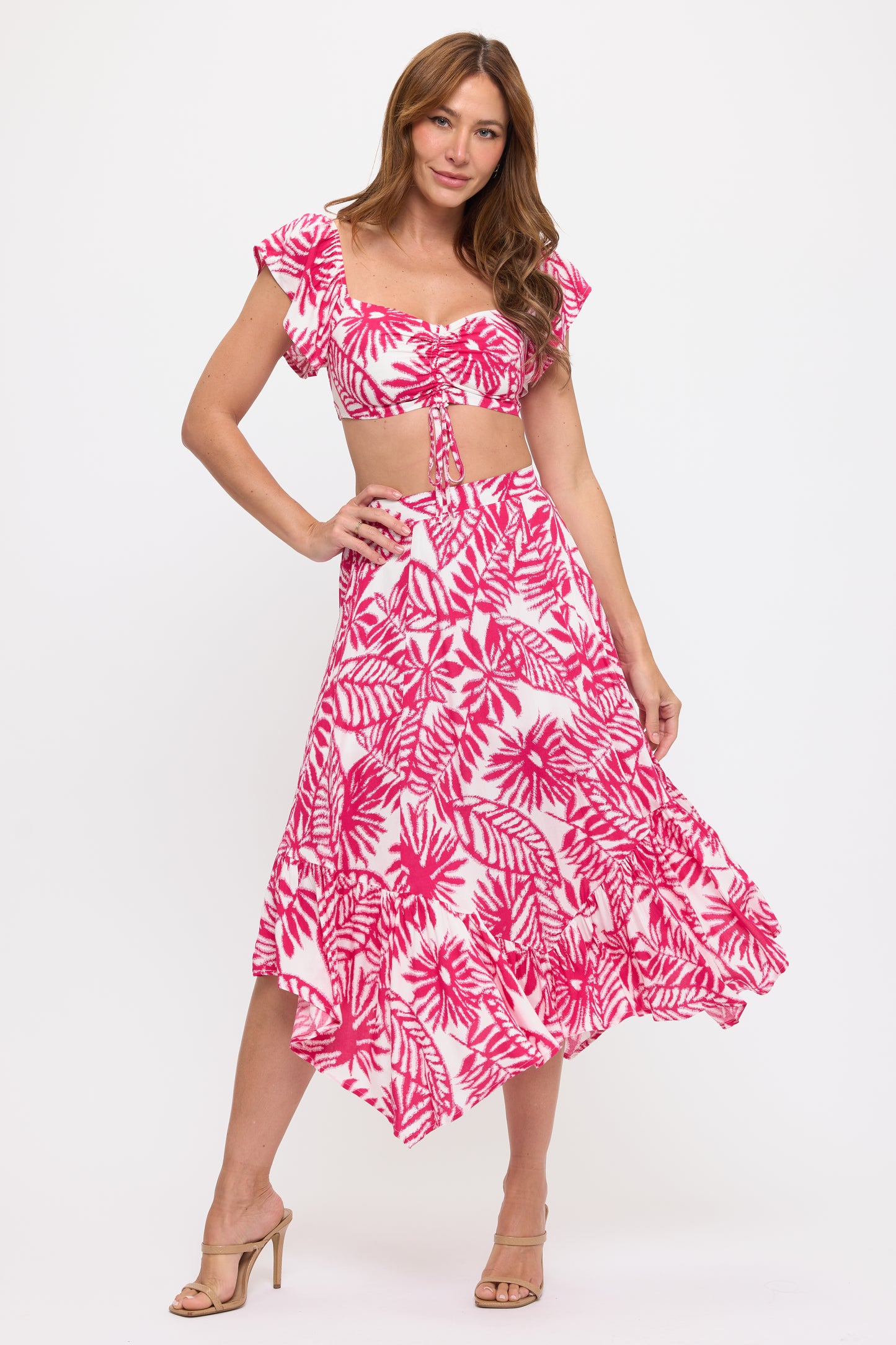 Front Tie Crop Top & Leaf Print Ruffle Skirt Set