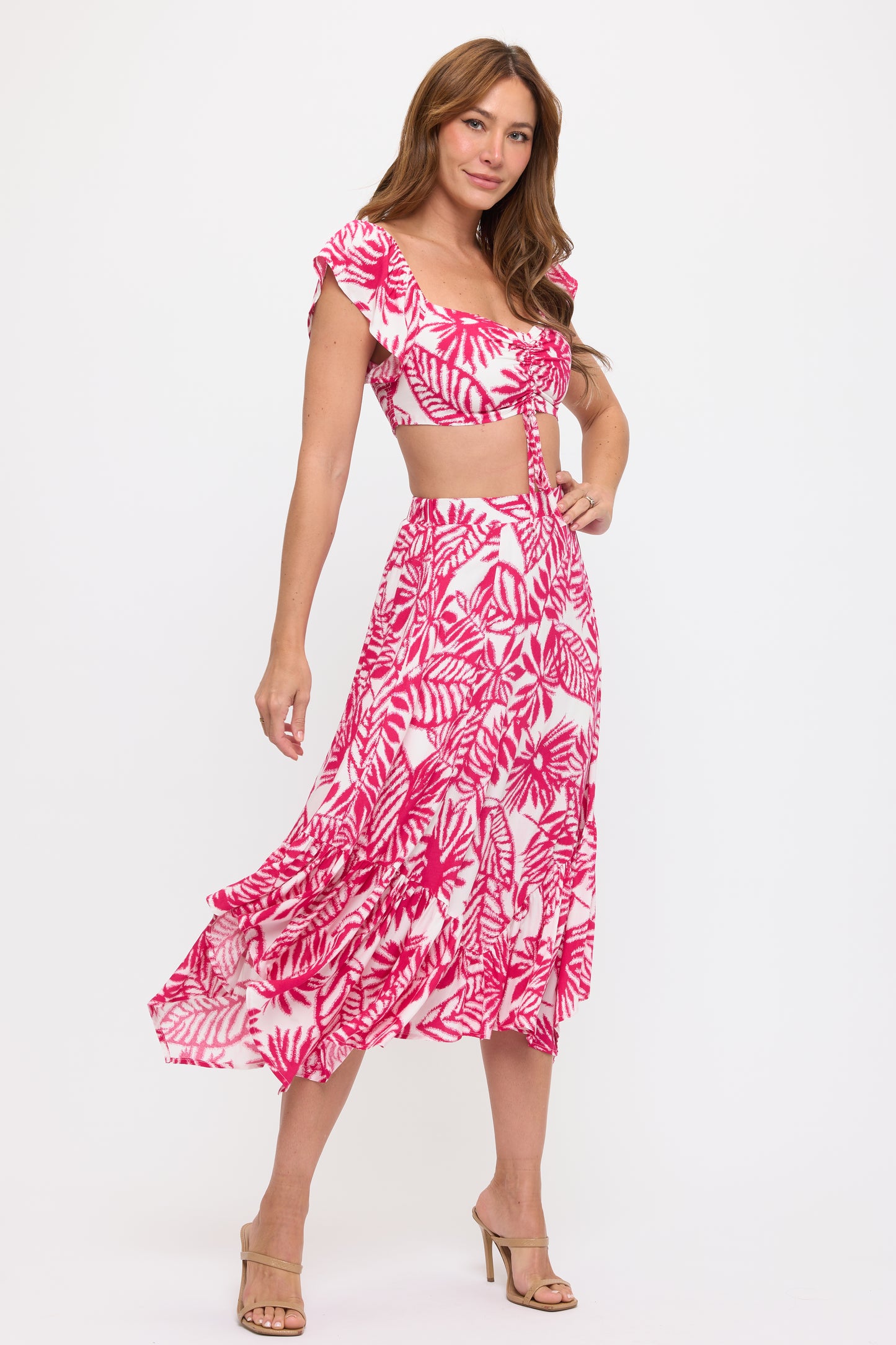 Front Tie Crop Top & Leaf Print Ruffle Skirt Set