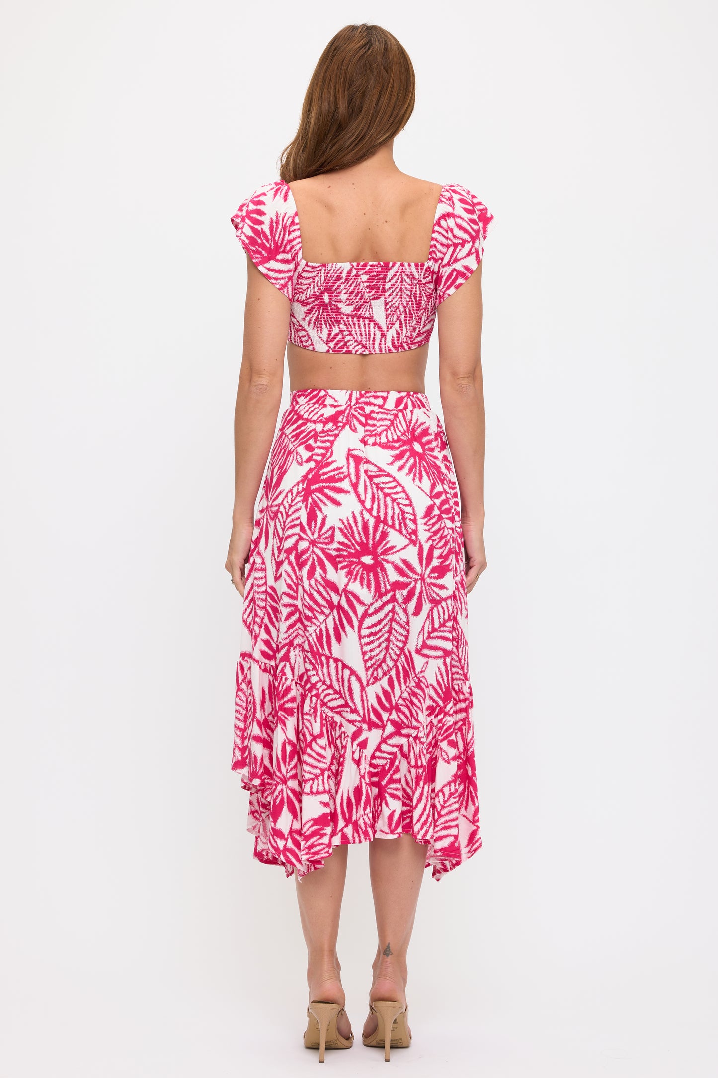 Front Tie Crop Top & Leaf Print Ruffle Skirt Set