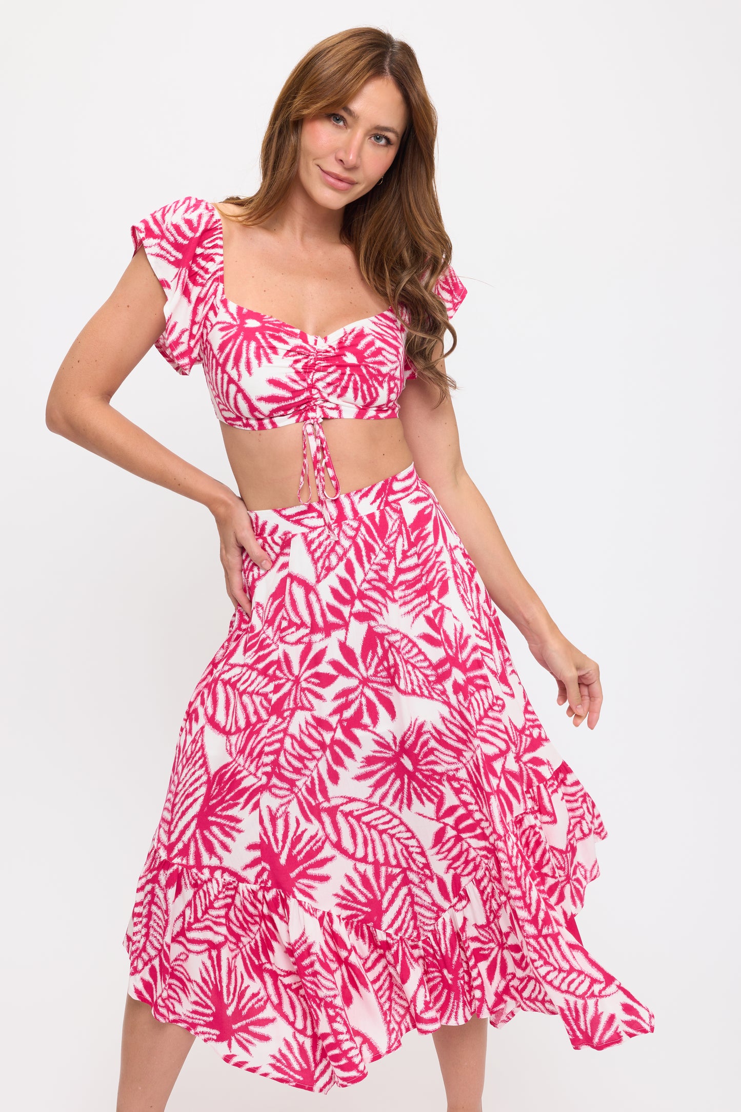 Front Tie Crop Top & Leaf Print Ruffle Skirt Set