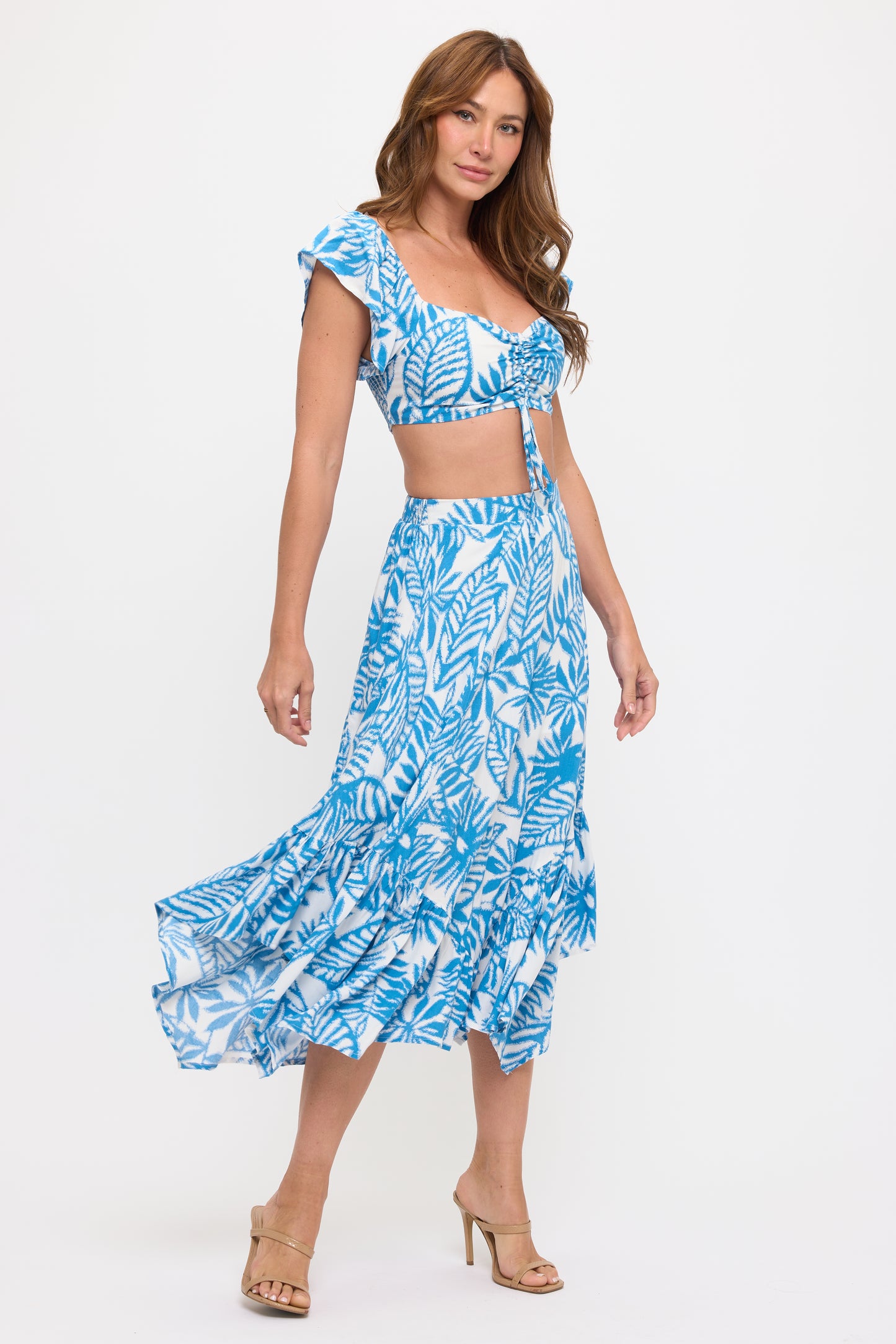Front Tie Crop Top & Leaf Print Ruffle Skirt Set