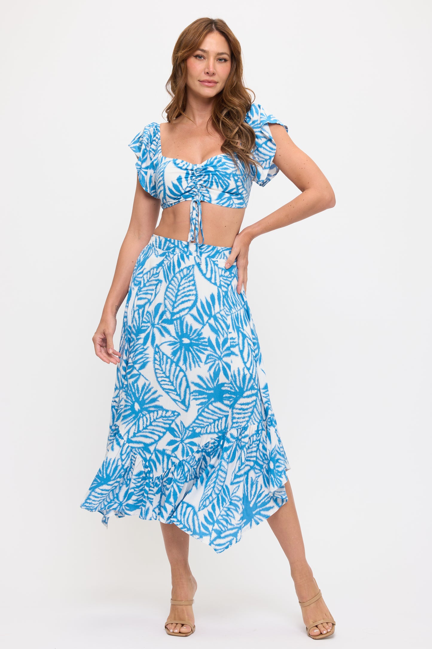 Front Tie Crop Top & Leaf Print Ruffle Skirt Set