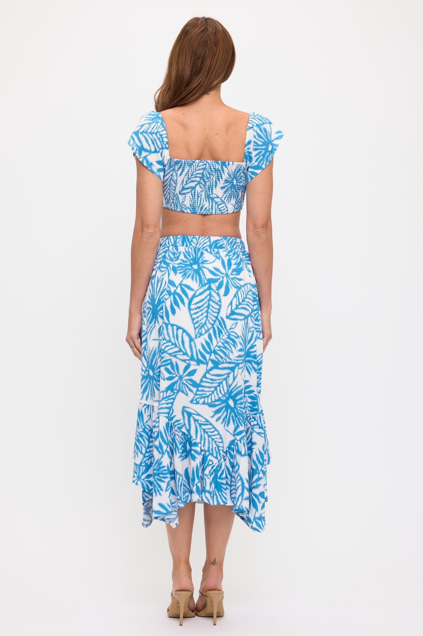 Front Tie Crop Top & Leaf Print Ruffle Skirt Set