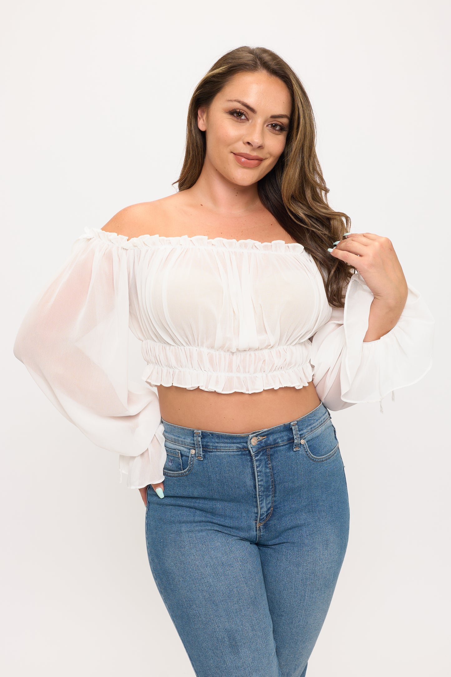 OFF SHOULDER RUFFLE TRIM KNOT SLEEVE CROP TOP PLUS