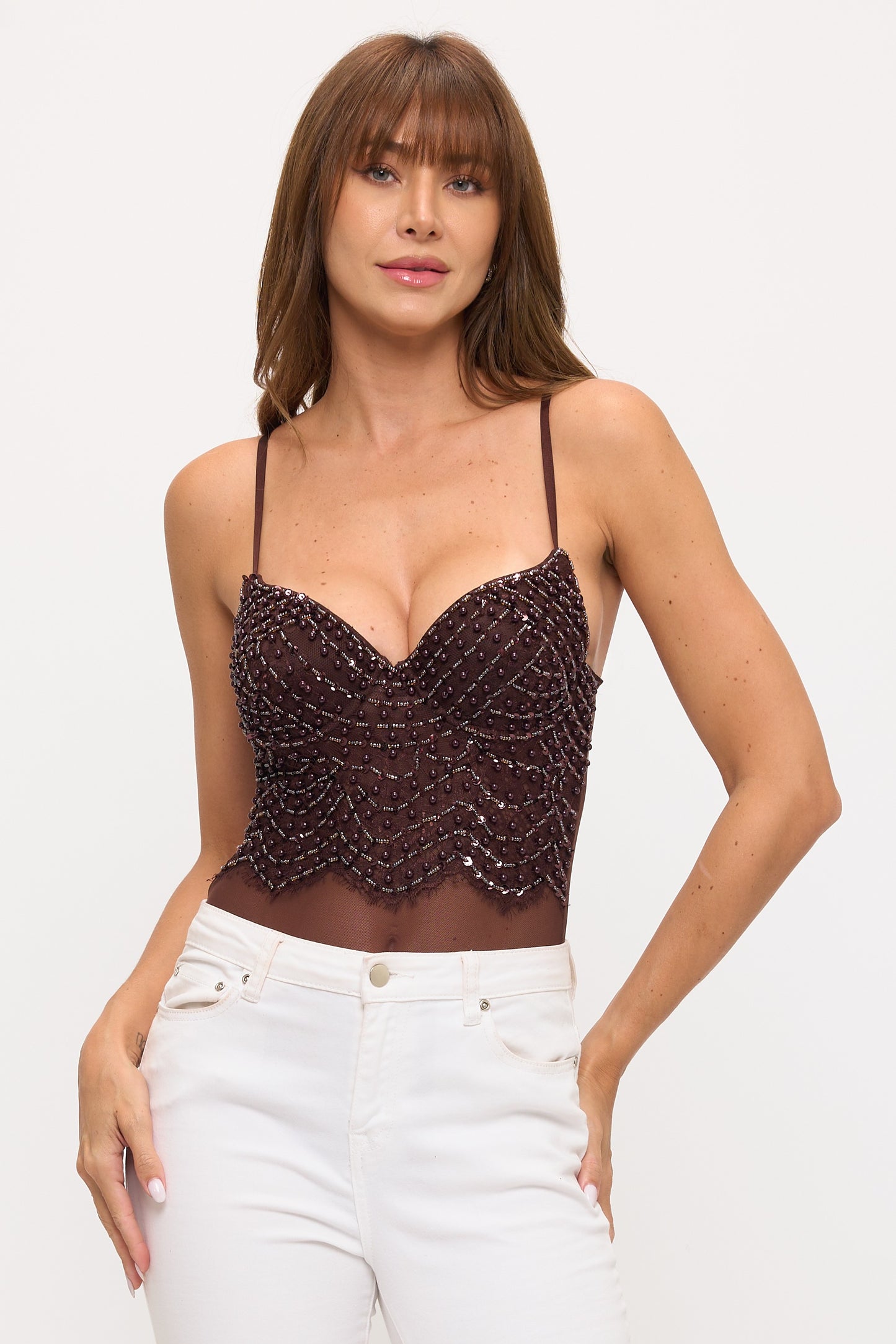Luxury Beaded Pearl & Crystal Sheer Bodysuit_ DS4269A