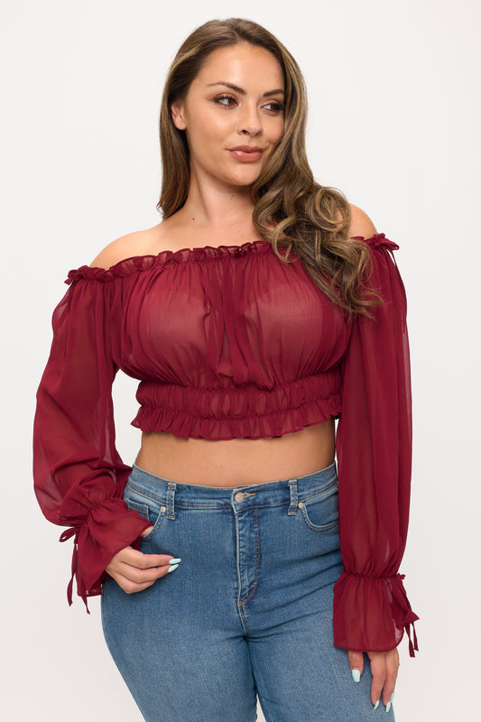 OFF SHOULDER RUFFLE TRIM KNOT SLEEVE CROP TOP PLUS
