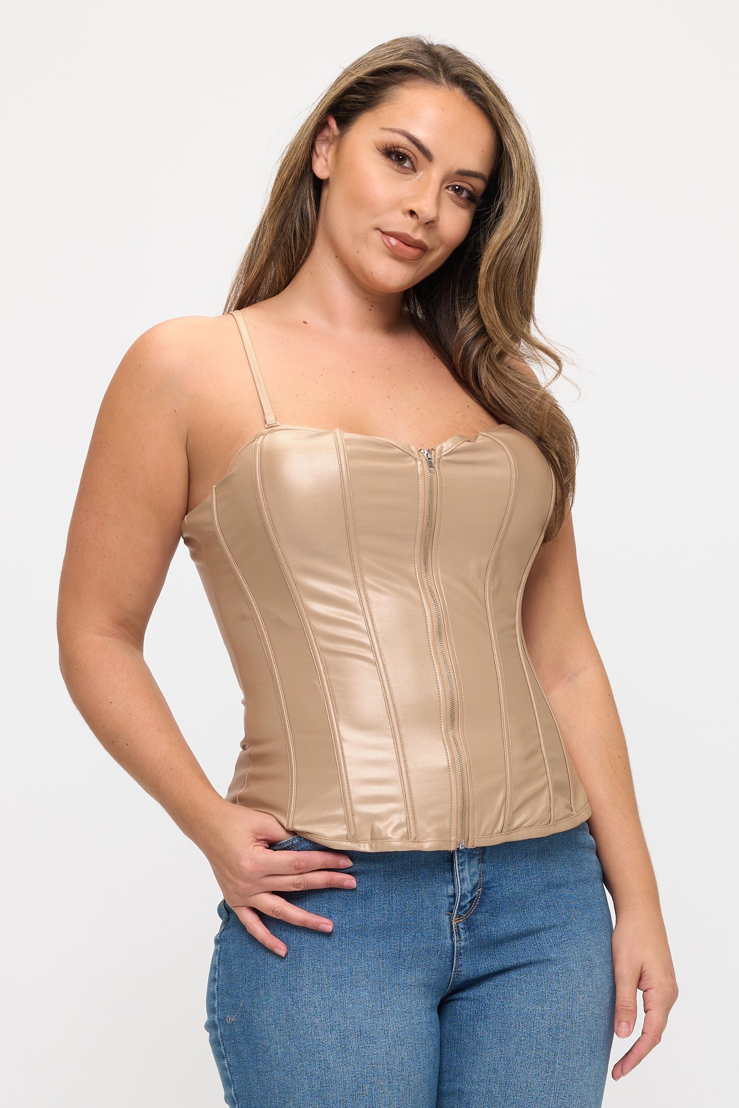 ZIPPER FRONT CLOSURE BONING CORSET TOP-PLUS