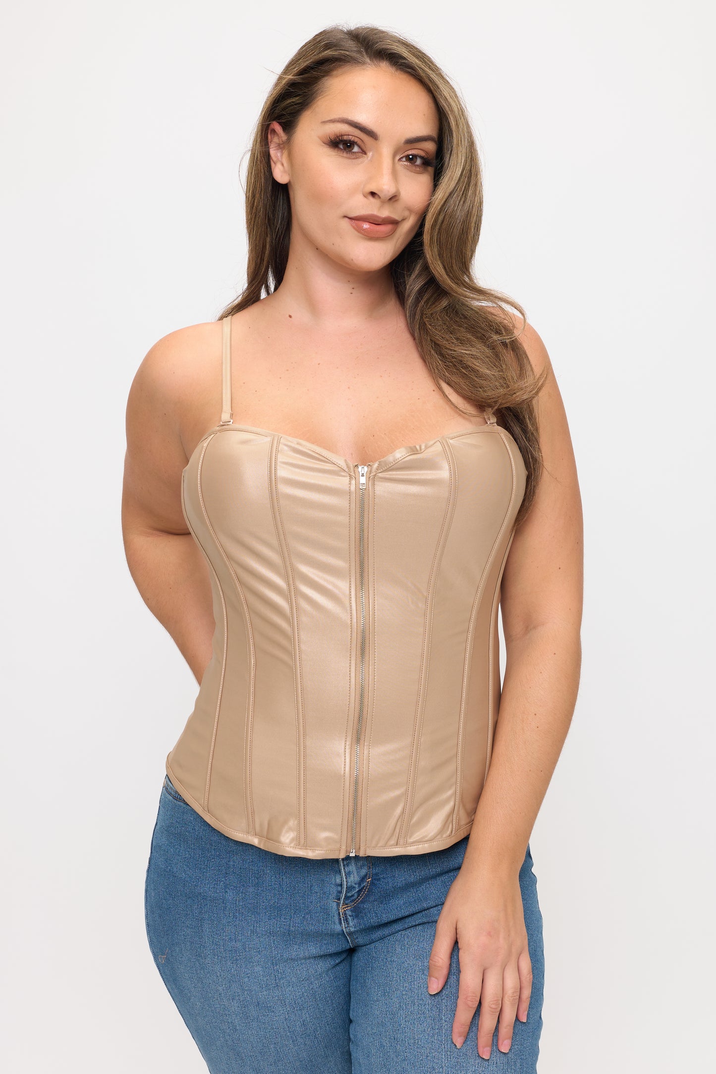 ZIPPER FRONT CLOSURE BONING CORSET TOP-PLUS