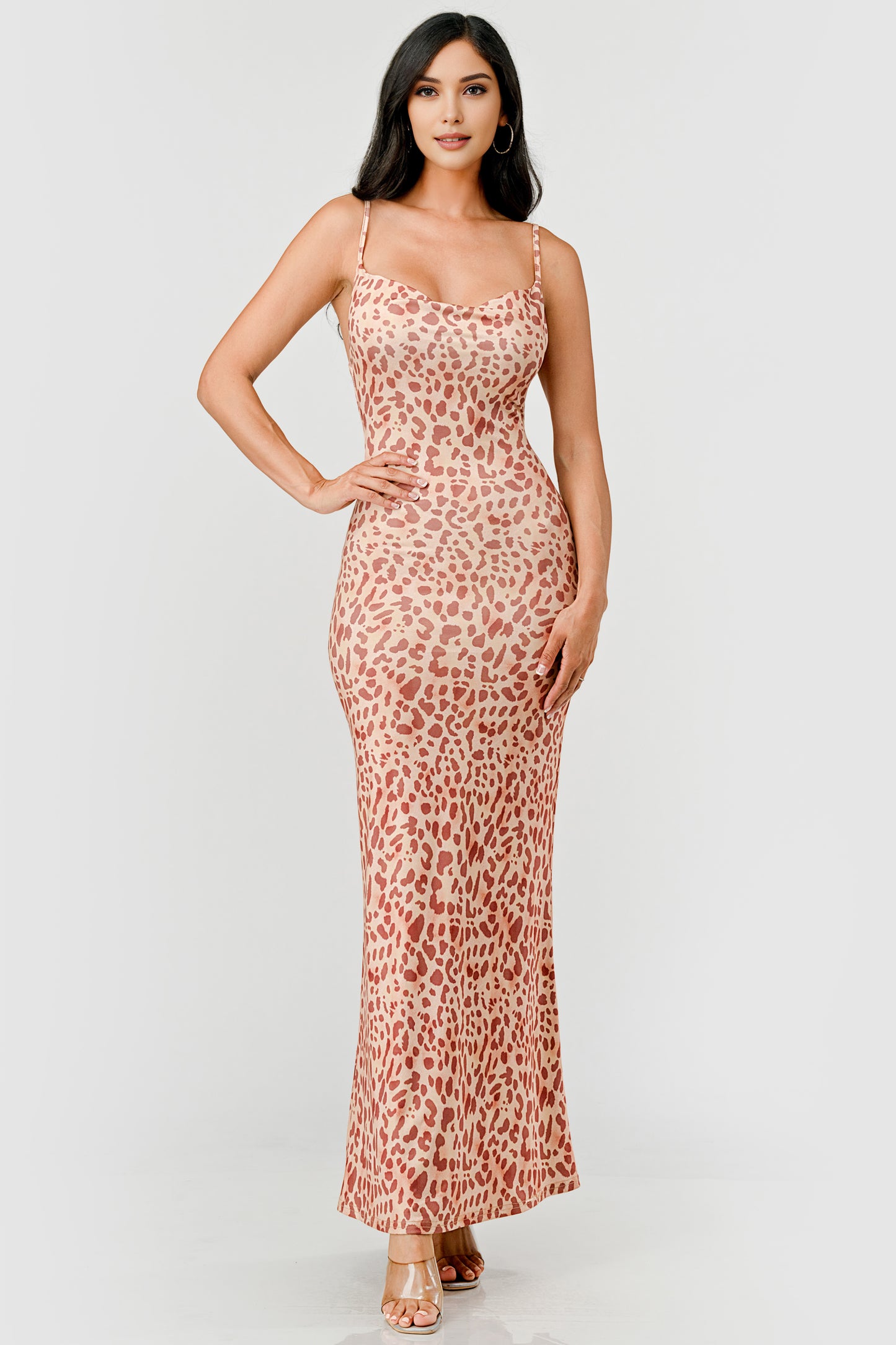 LEOPARD PRINT COWL NECK BACKLESS BODYCON MAXI DRESS