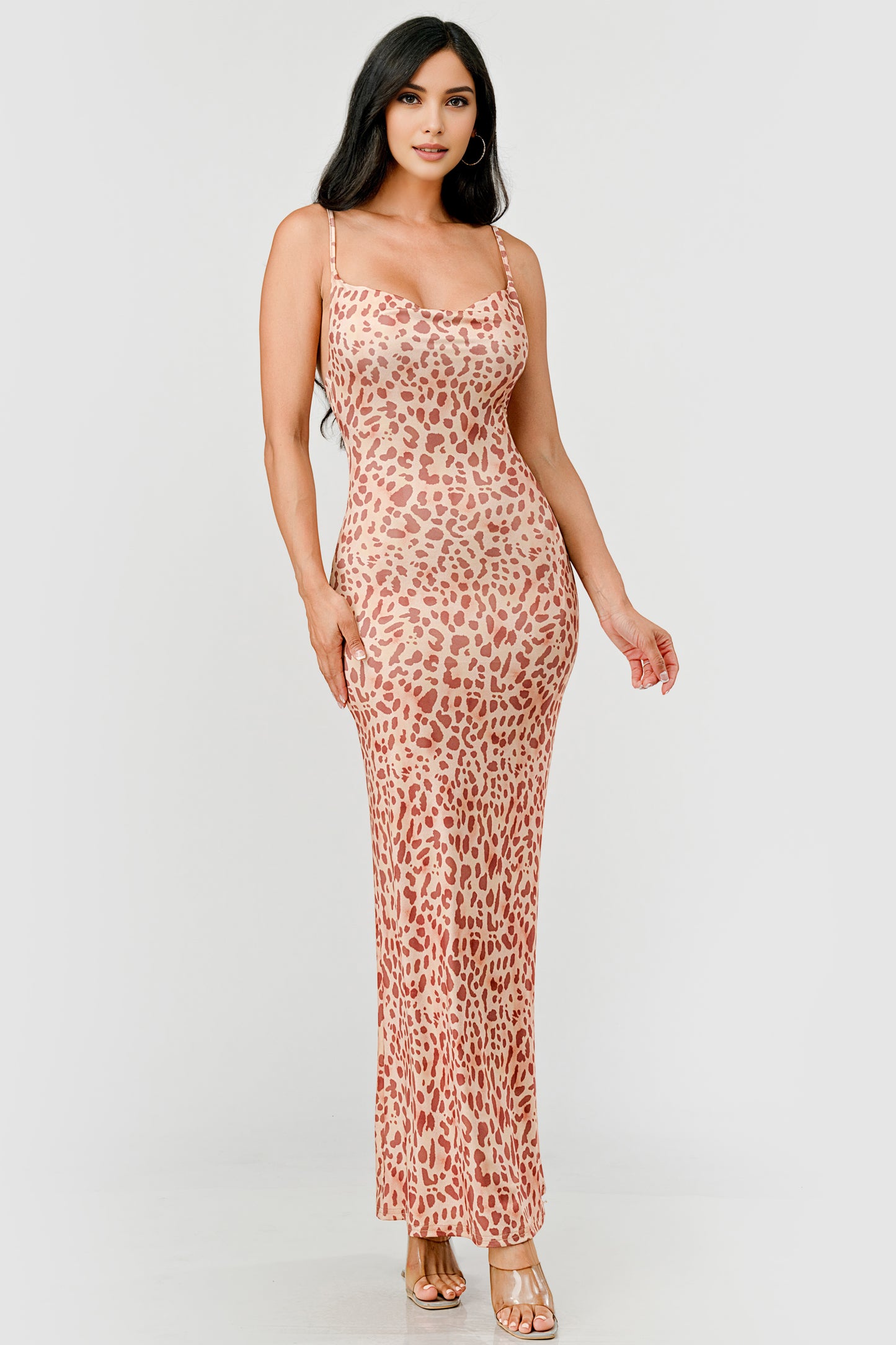 LEOPARD PRINT COWL NECK BACKLESS BODYCON MAXI DRESS