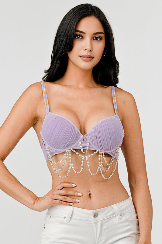 Mystical Mermaid Rhinestone And Pearl Trim Bra Top