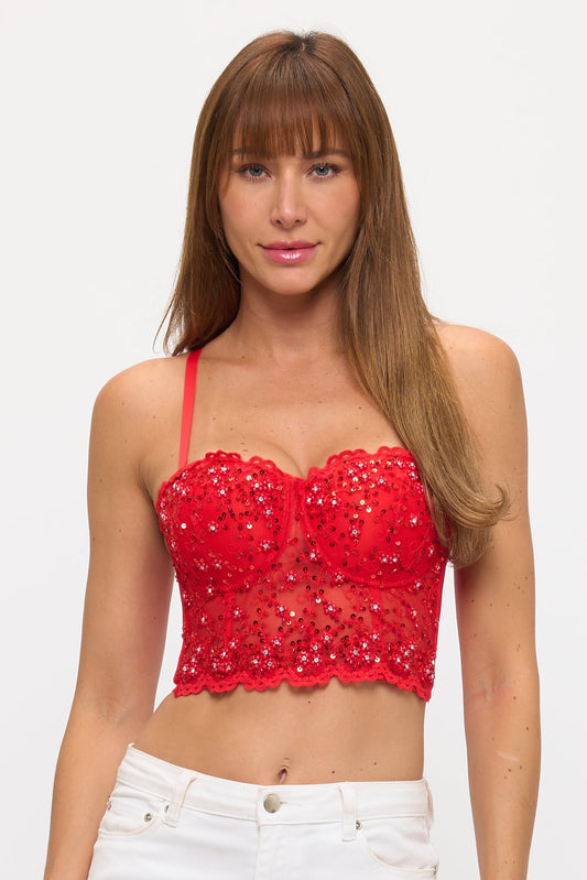 FLOWER BEADING SEQUIN MESH BUSTIER CROP TOP_D7184