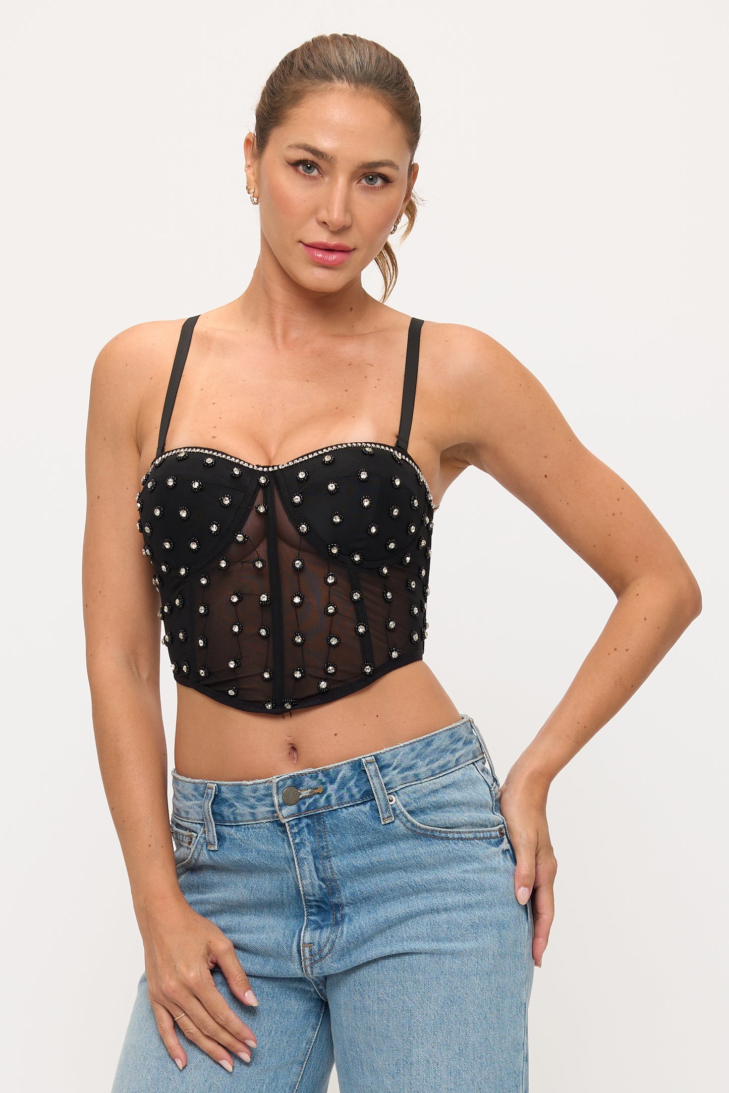 Mesh Corset Top with Rhinestones & Pearls_D7329