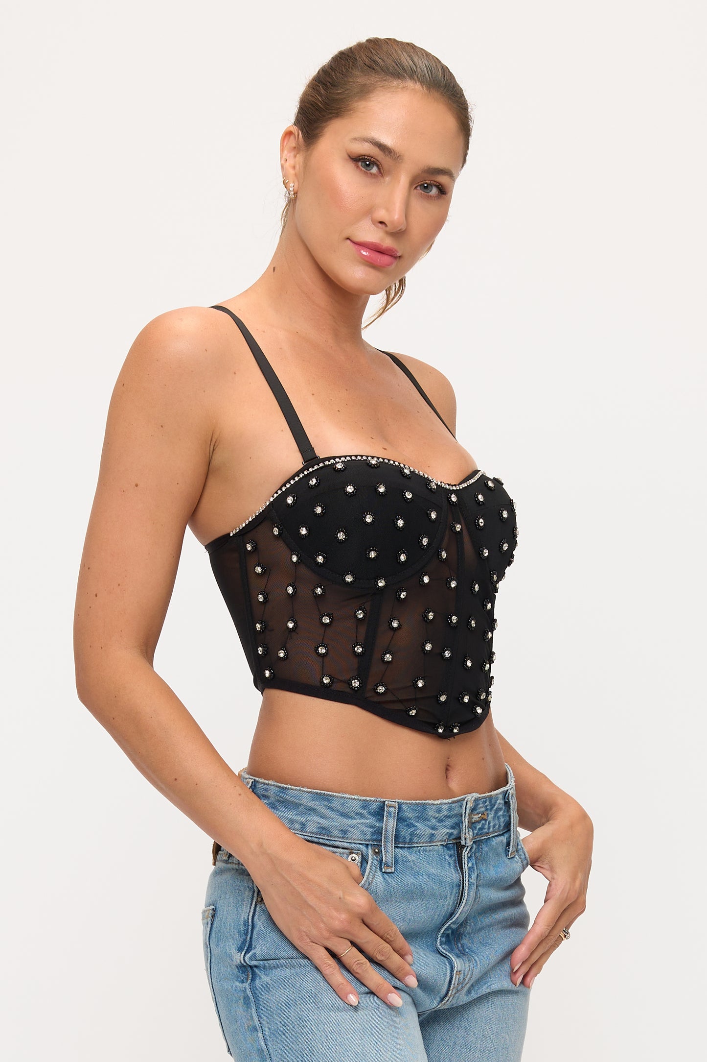 Mesh Corset Top with Rhinestones & Pearls_D7329