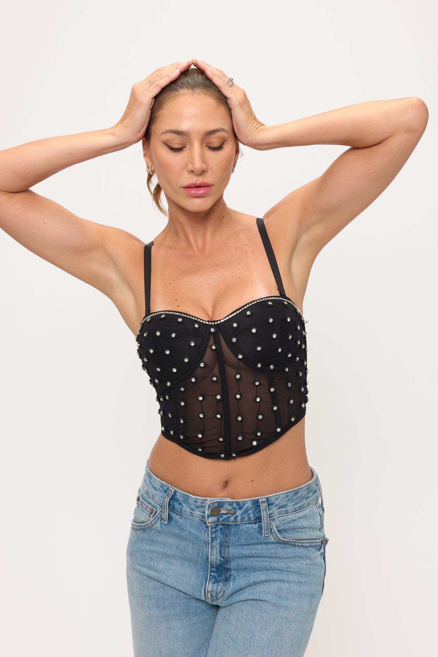 Mesh Corset Top with Rhinestones & Pearls_D7329