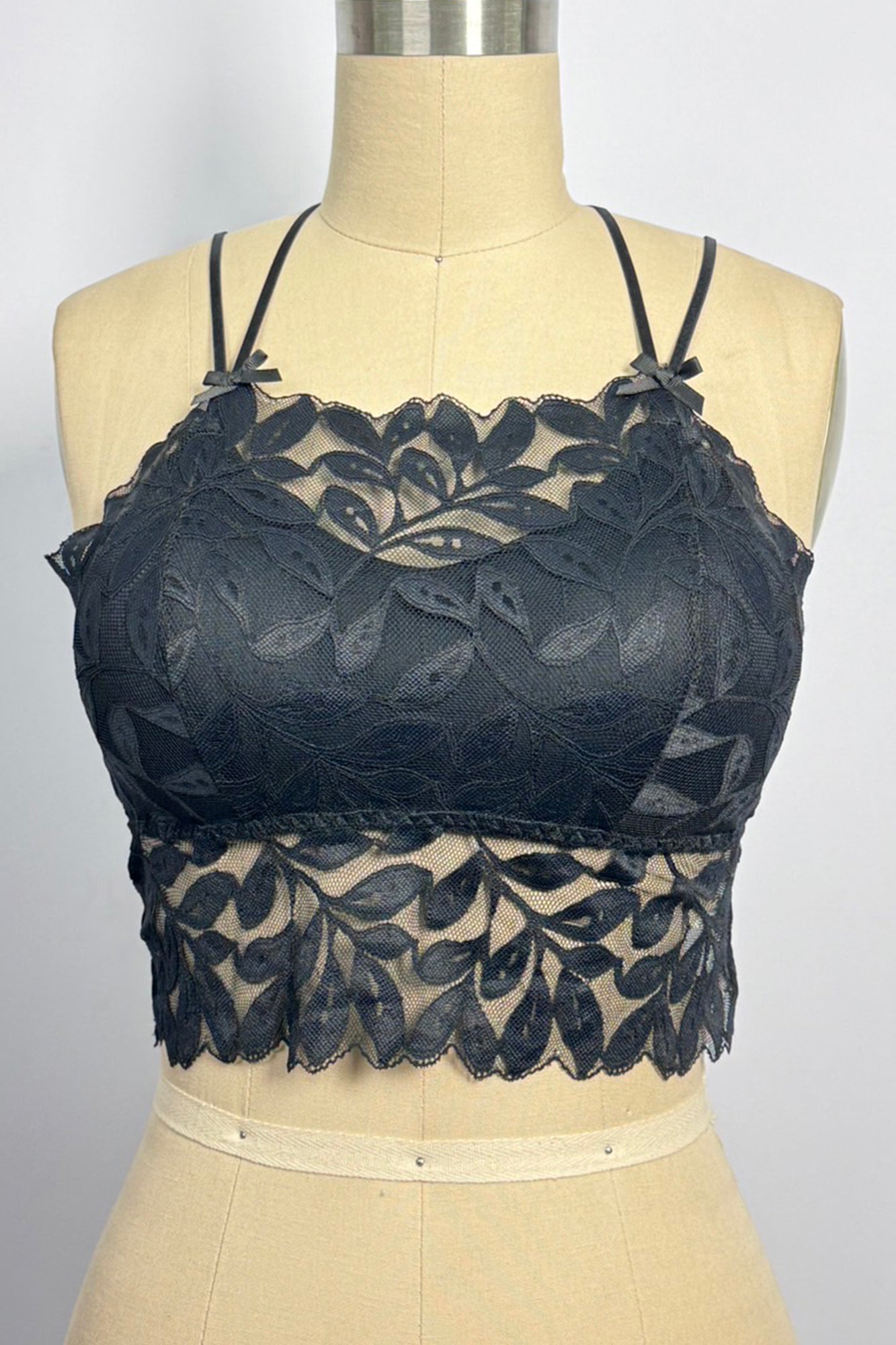 SATIN BOW TRIM CRISS CROSSED BACK LACE LONGLINE BRALETTE