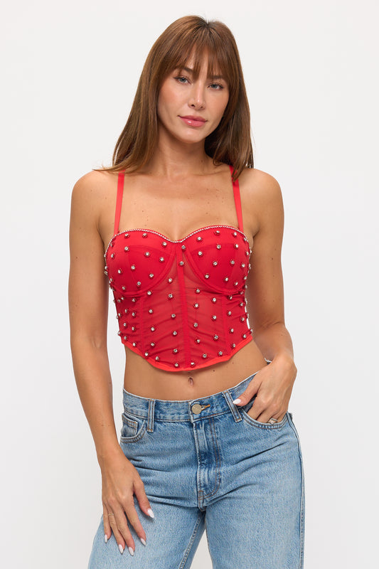 Mesh Corset Top with Rhinestones & Pearls_D7329