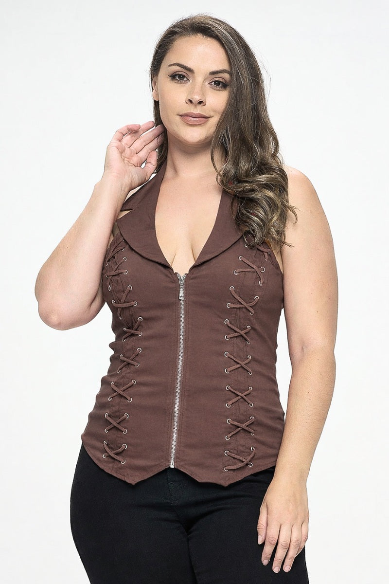 LACE UP COLLAR HALTER PLUS TOP