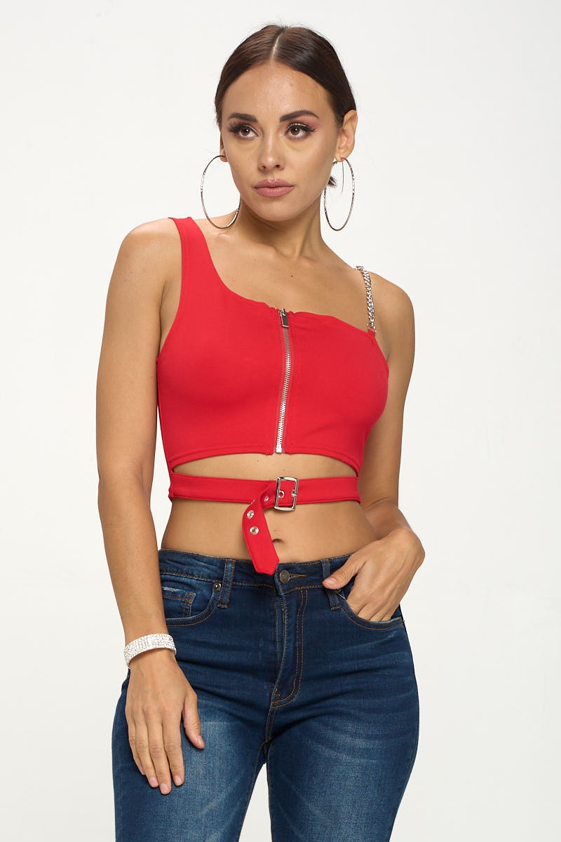 ZIP-UP ONE SHOULDER CUT OUT CHAIN SLEEVE CROP TOP