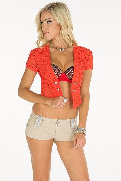 CROCHET SHORT SLEEVE BUTTON CLOSURE JACKET