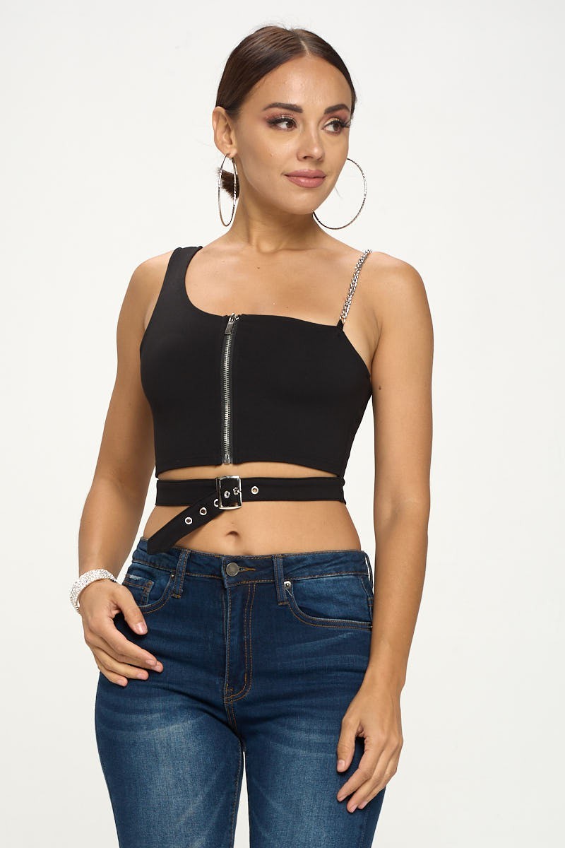 ZIP-UP ONE SHOULDER CUT OUT CHAIN SLEEVE CROP TOP