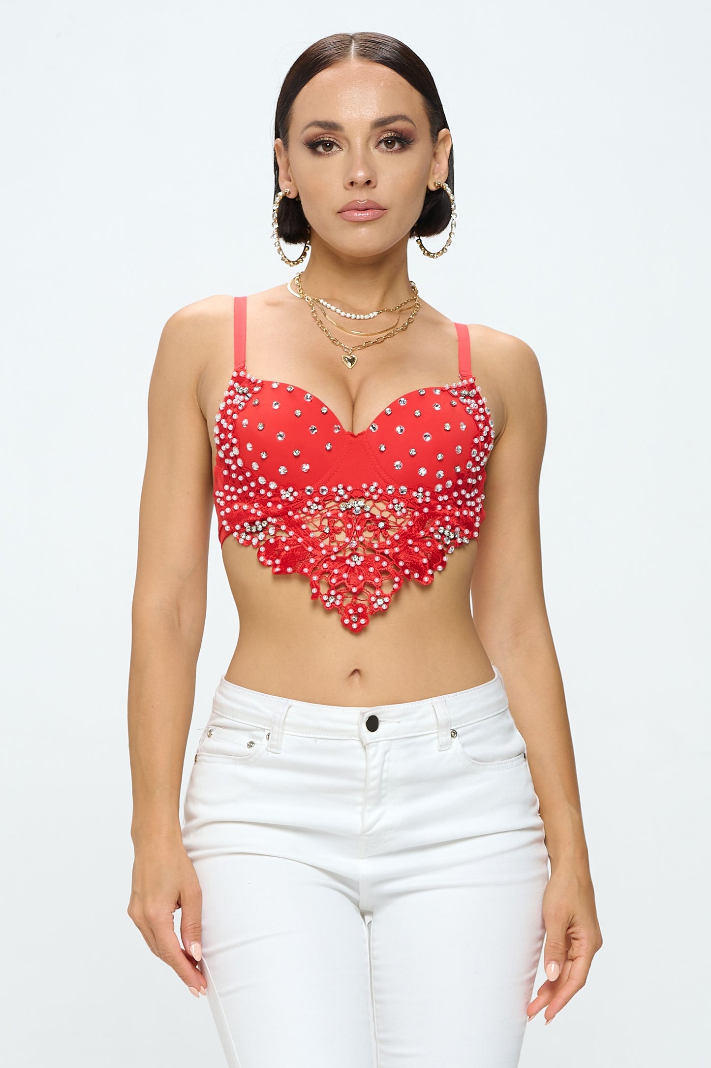RHINESTONE & PEARL EMBELLISHED LACE TRIM BRA_ D6753 _ B1200