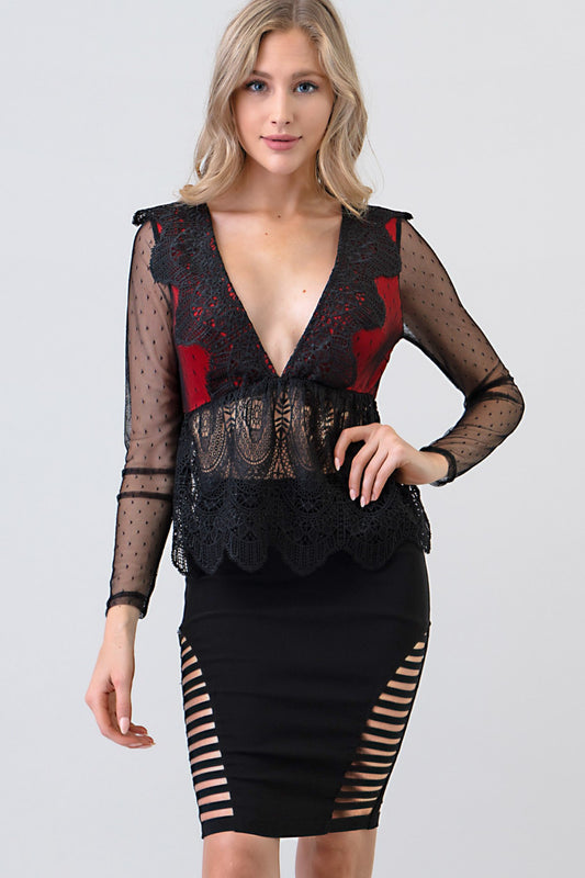 V NECK LACE PEPLUM TOP