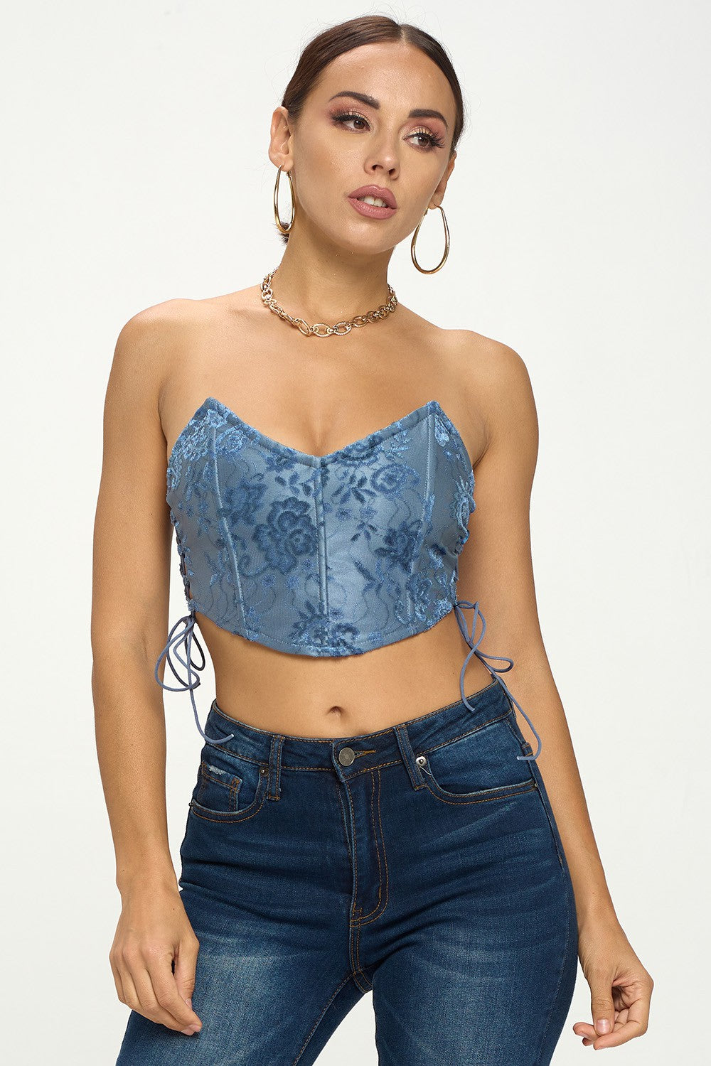 VELVET STRAPLESS SIDE LACE UP BUSTIER CROP TOP – OhYes Fashion