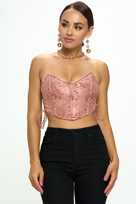 VELVET STRAPLESS SIDE LACE UP CORSET TOP