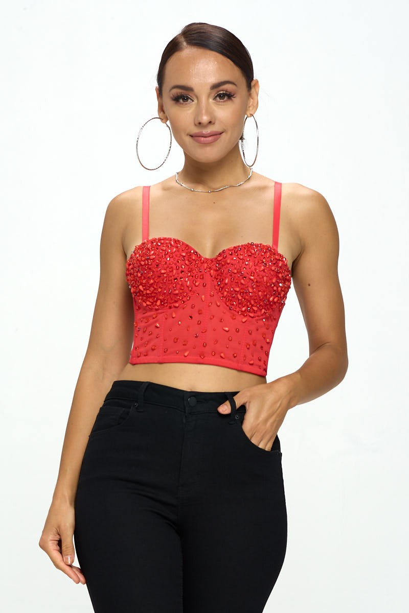 BEAD & CRYSTAL EMBELLISHED BUSTIER CROP TOP