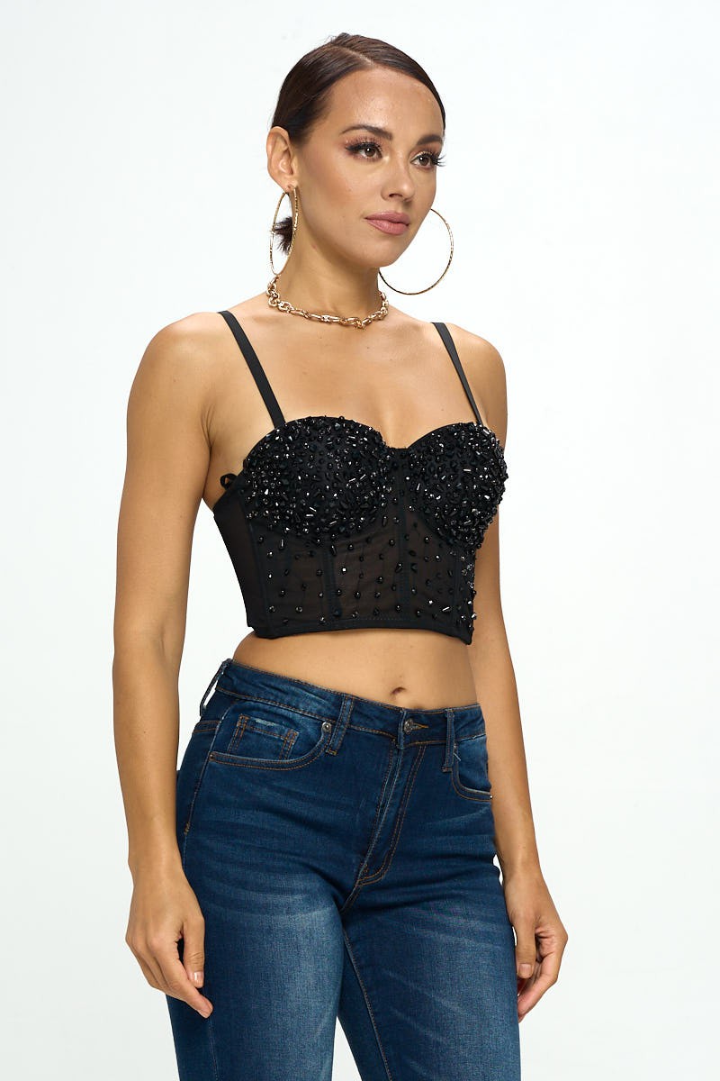 BEAD & CRYSTAL EMBELLISHED BUSTIER CROP TOP