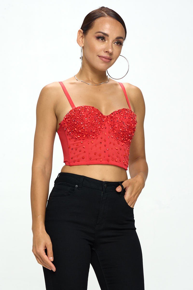 BEAD & CRYSTAL EMBELLISHED BUSTIER CROP TOP