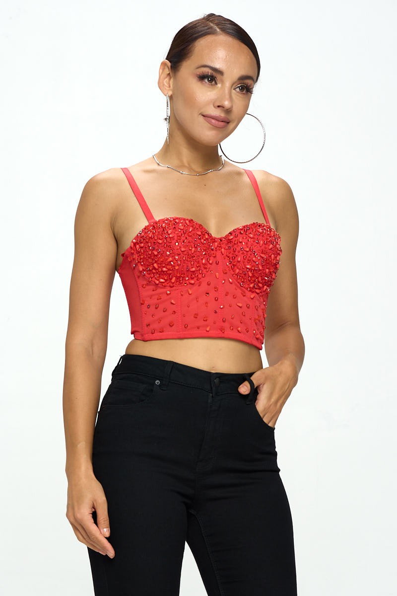 FLORAL LACE BEADING EMBELLISHED BUSTIER TOP – OhYes Fashion