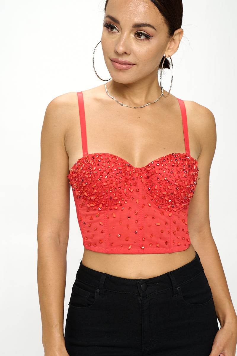 BEAD & CRYSTAL EMBELLISHED BUSTIER CROP TOP