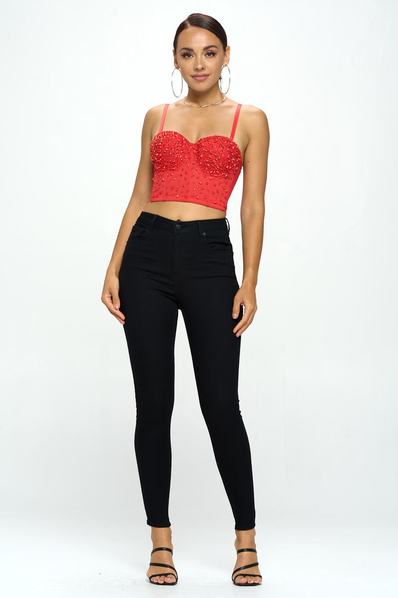 BEAD & CRYSTAL EMBELLISHED BUSTIER CROP TOP