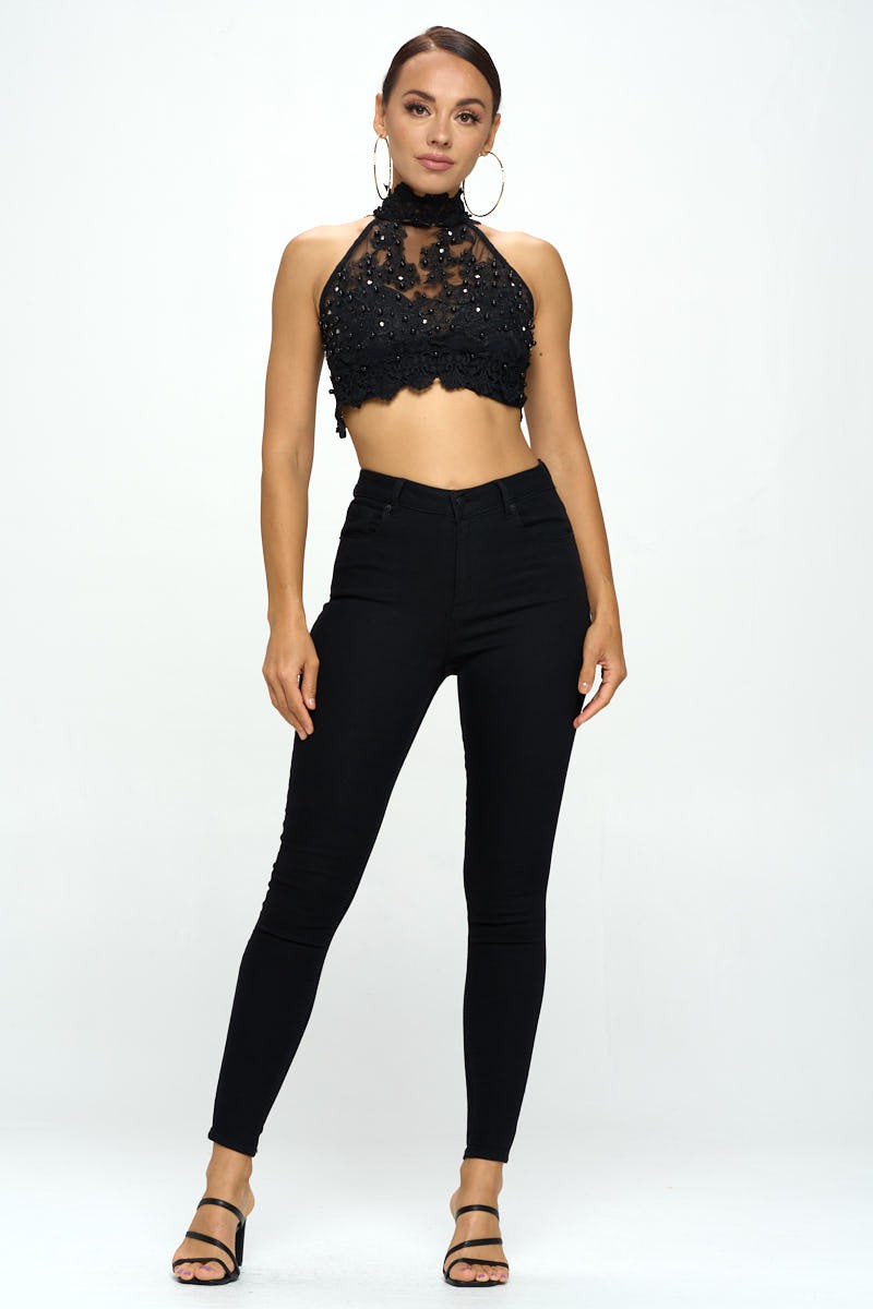 MOCK NECK BEADED LACE CROP TOP