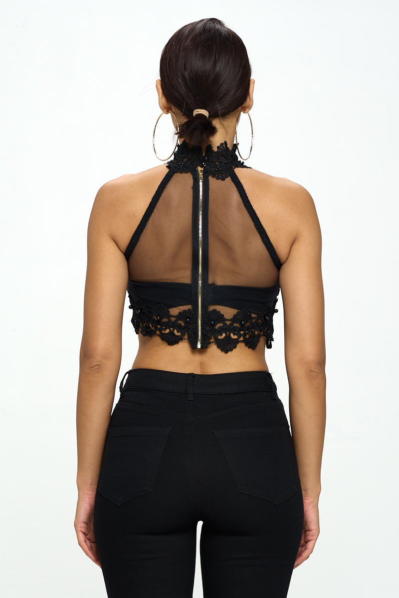 MOCK NECK BEADED LACE CROP TOP