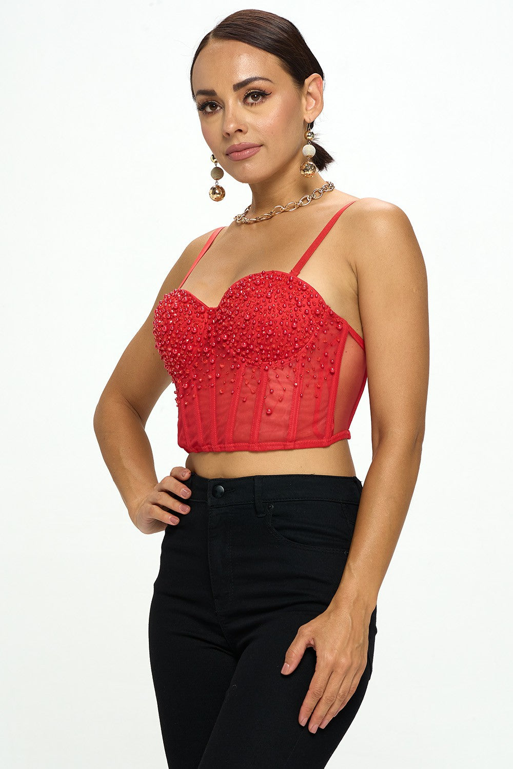 MESH PEARL BEAD EMBELLISHED BUSTIER CROP TOP