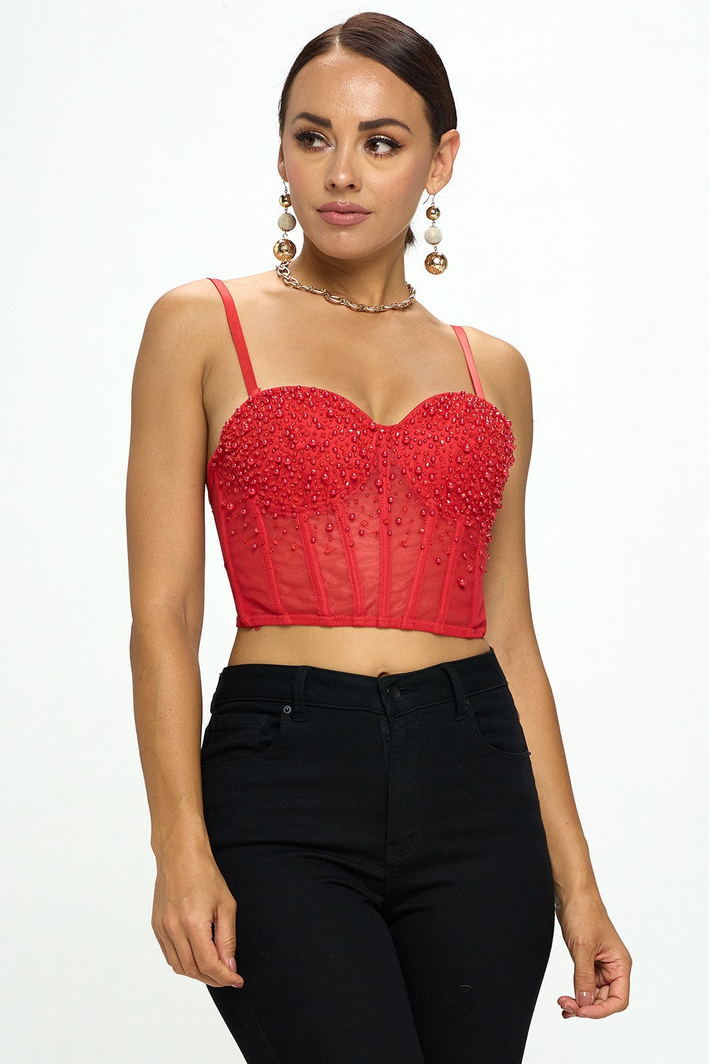 MESH PEARL BEAD EMBELLISHED BUSTIER CROP TOP