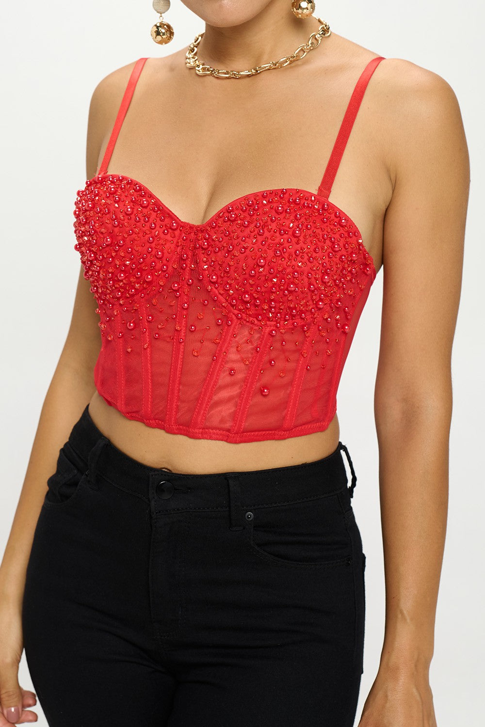 MESH PEARL BEAD EMBELLISHED BUSTIER CROP TOP