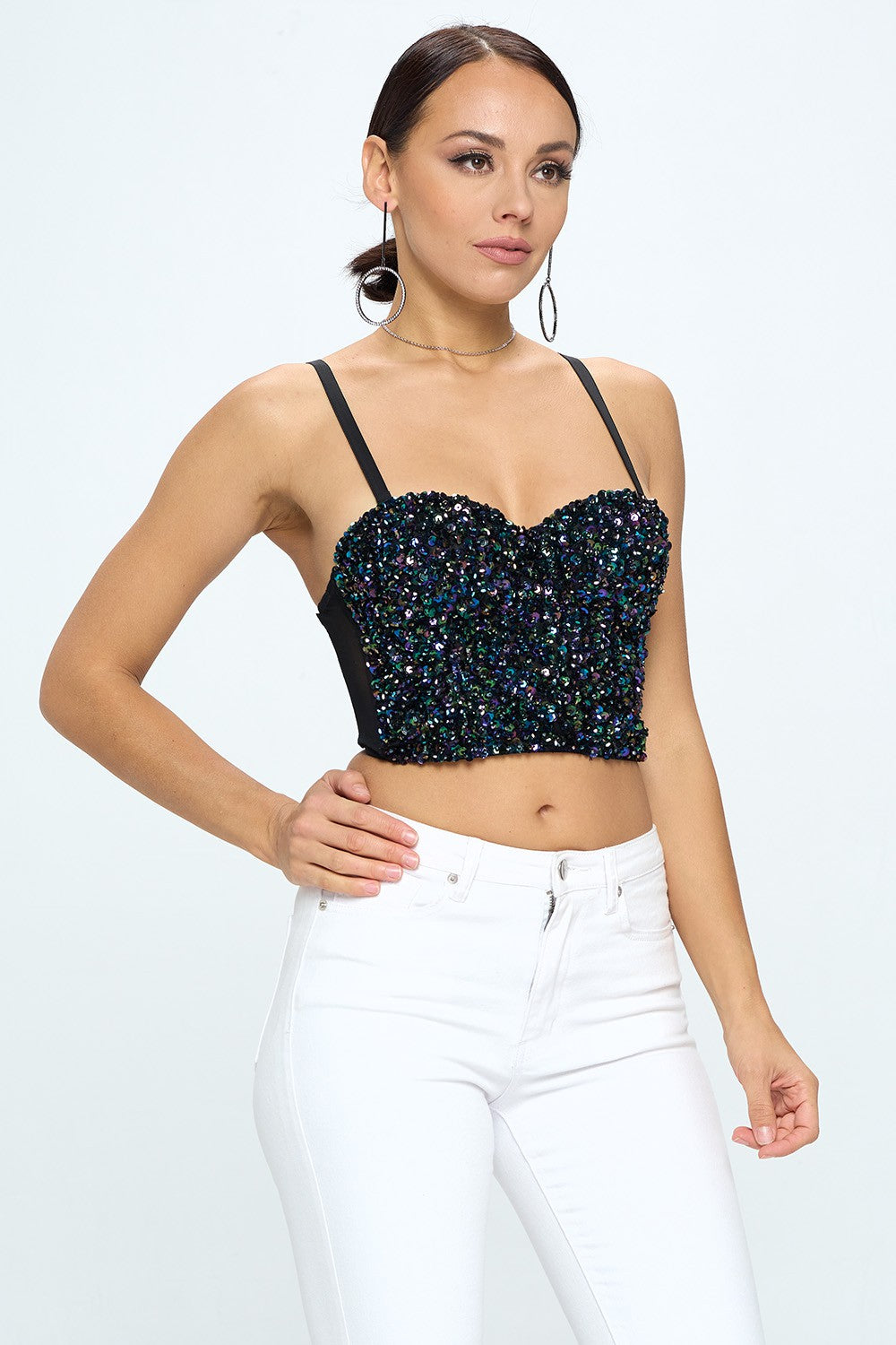 IRIDESCENT GREEN BLACK MERMAID SEQUIN BUSTIER CROP TOP