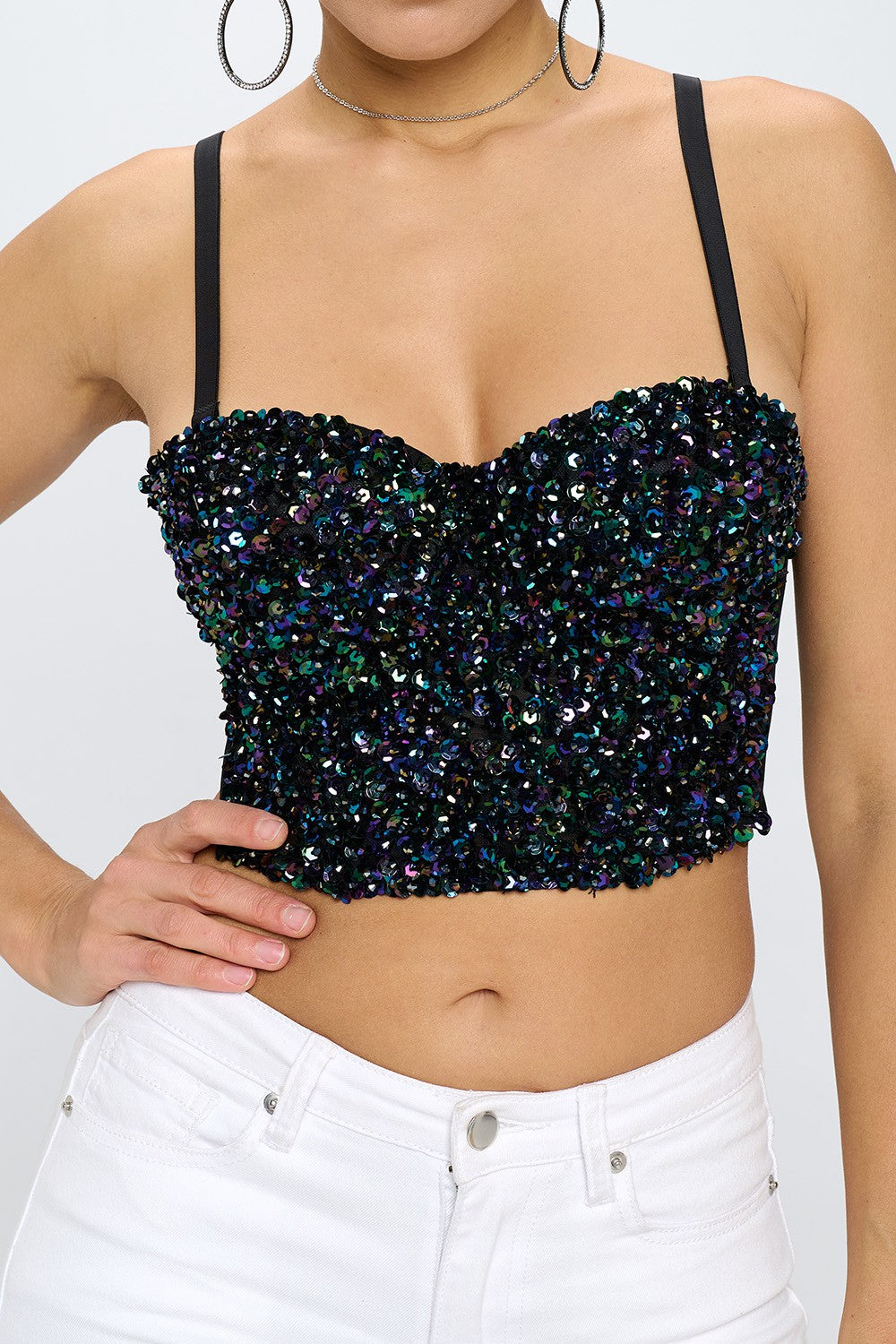 IRIDESCENT GREEN BLACK MERMAID SEQUIN BUSTIER CROP TOP