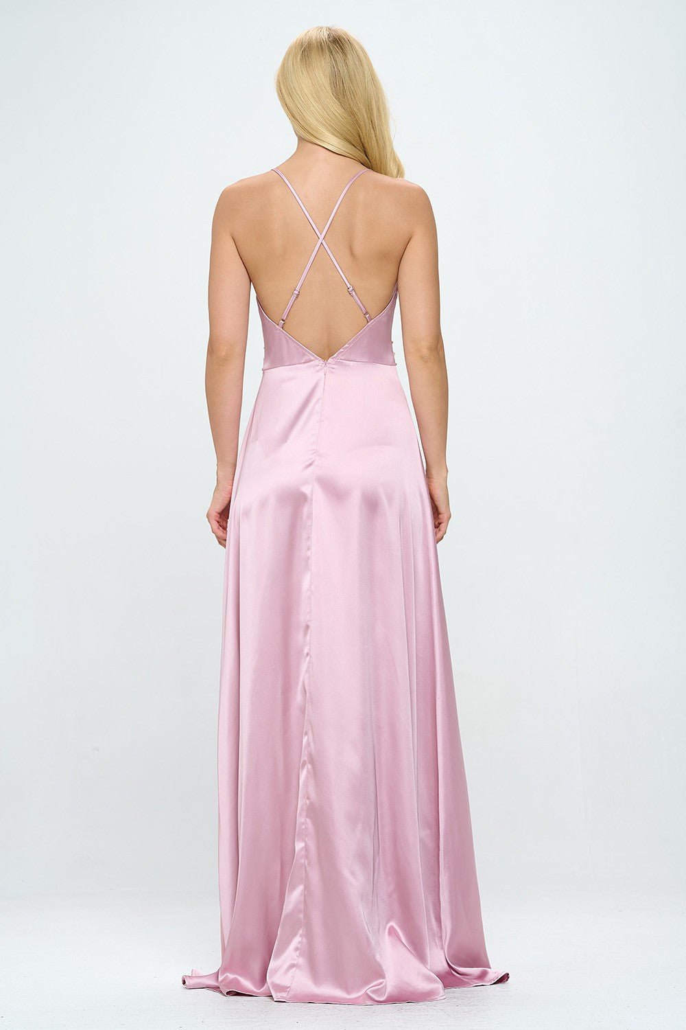 RHINESTONE EMBELLISHED SIDE SLIT FLOOR LENGTH SATIN DRESS