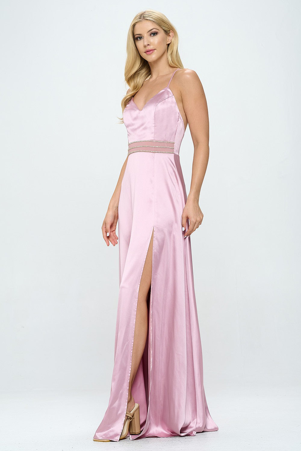 RHINESTONE EMBELLISHED SIDE SLIT FLOOR LENGTH SATIN DRESS