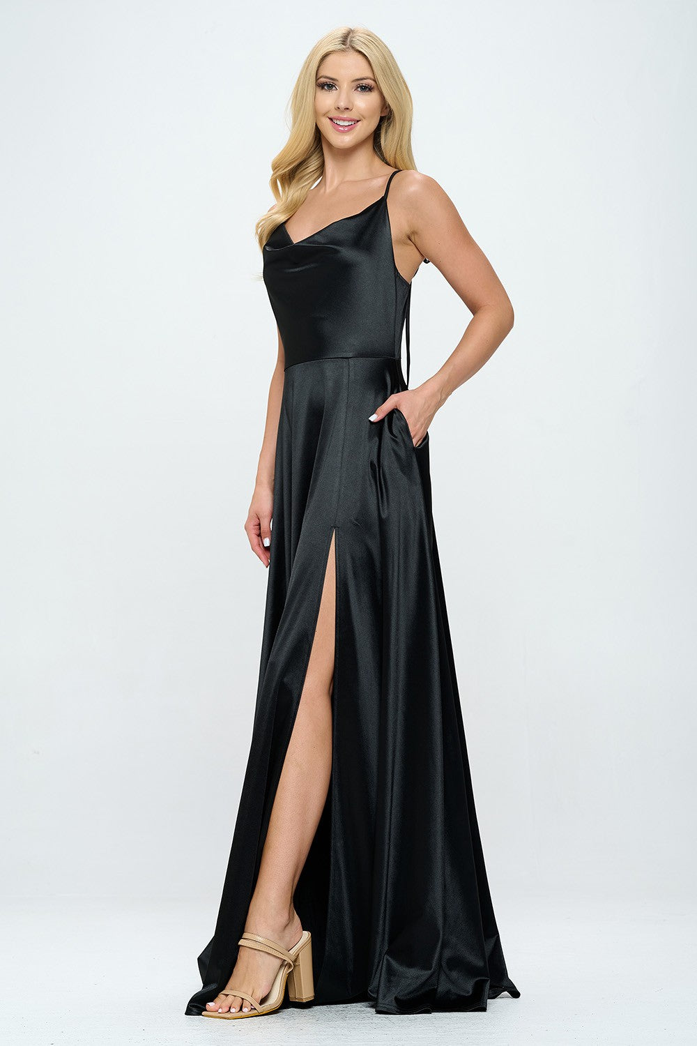 TIE STRAP COWL NECK SLIT FLOOR LENGTH MAXI DRESS