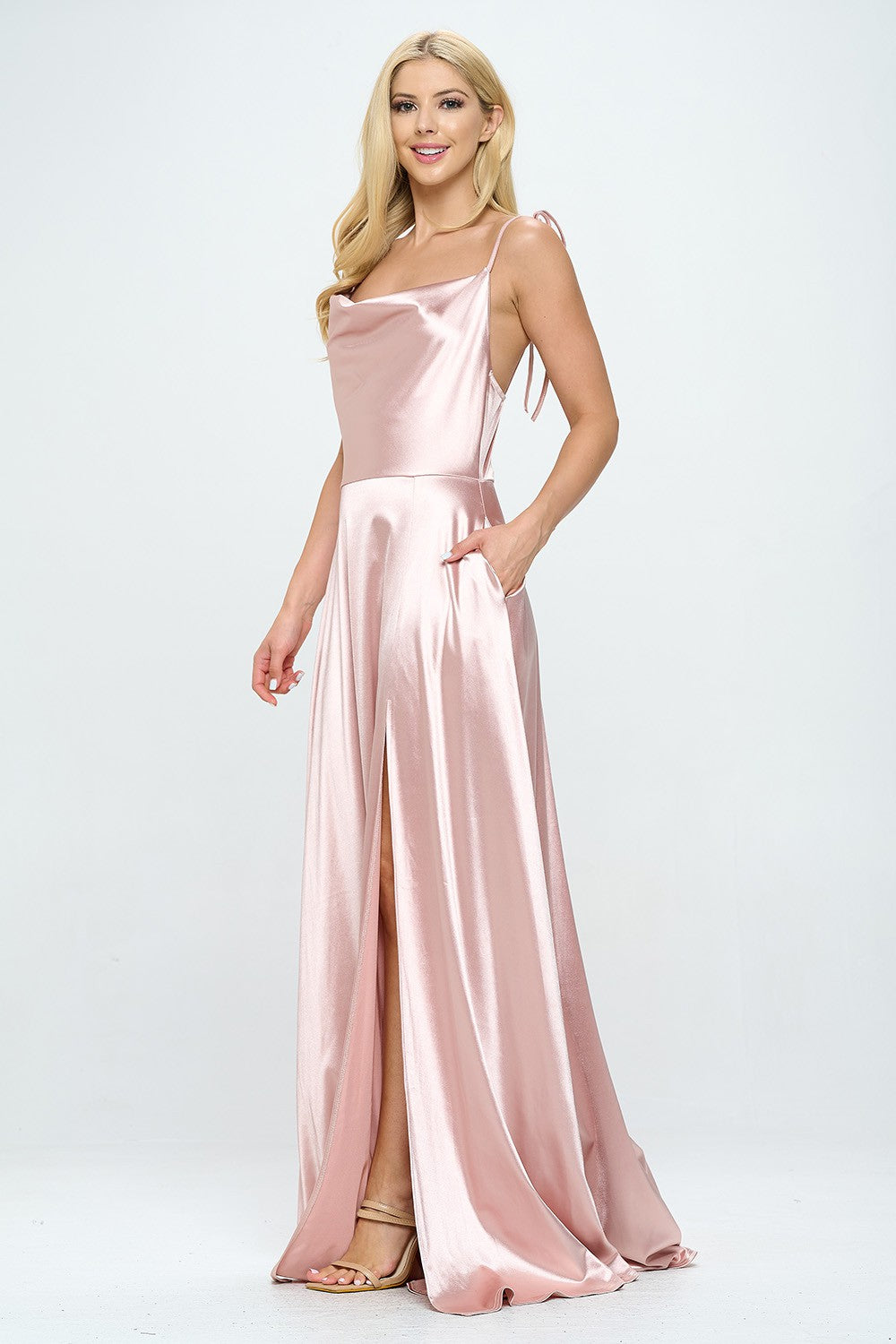 TIE STRAP COWL NECK SLIT FLOOR LENGTH MAXI DRESS