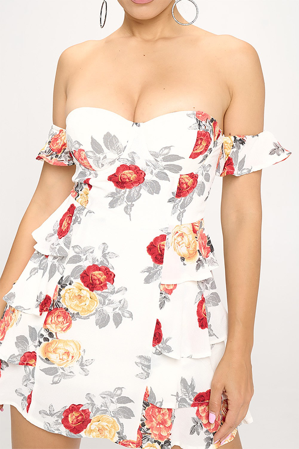 FLORAL RUFFLE TUBE DRESS W/DETACHED FLUTTER SLV