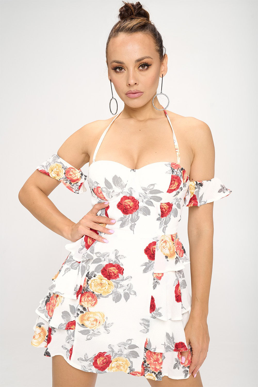 FLORAL RUFFLE TUBE DRESS W/DETACHED FLUTTER SLV