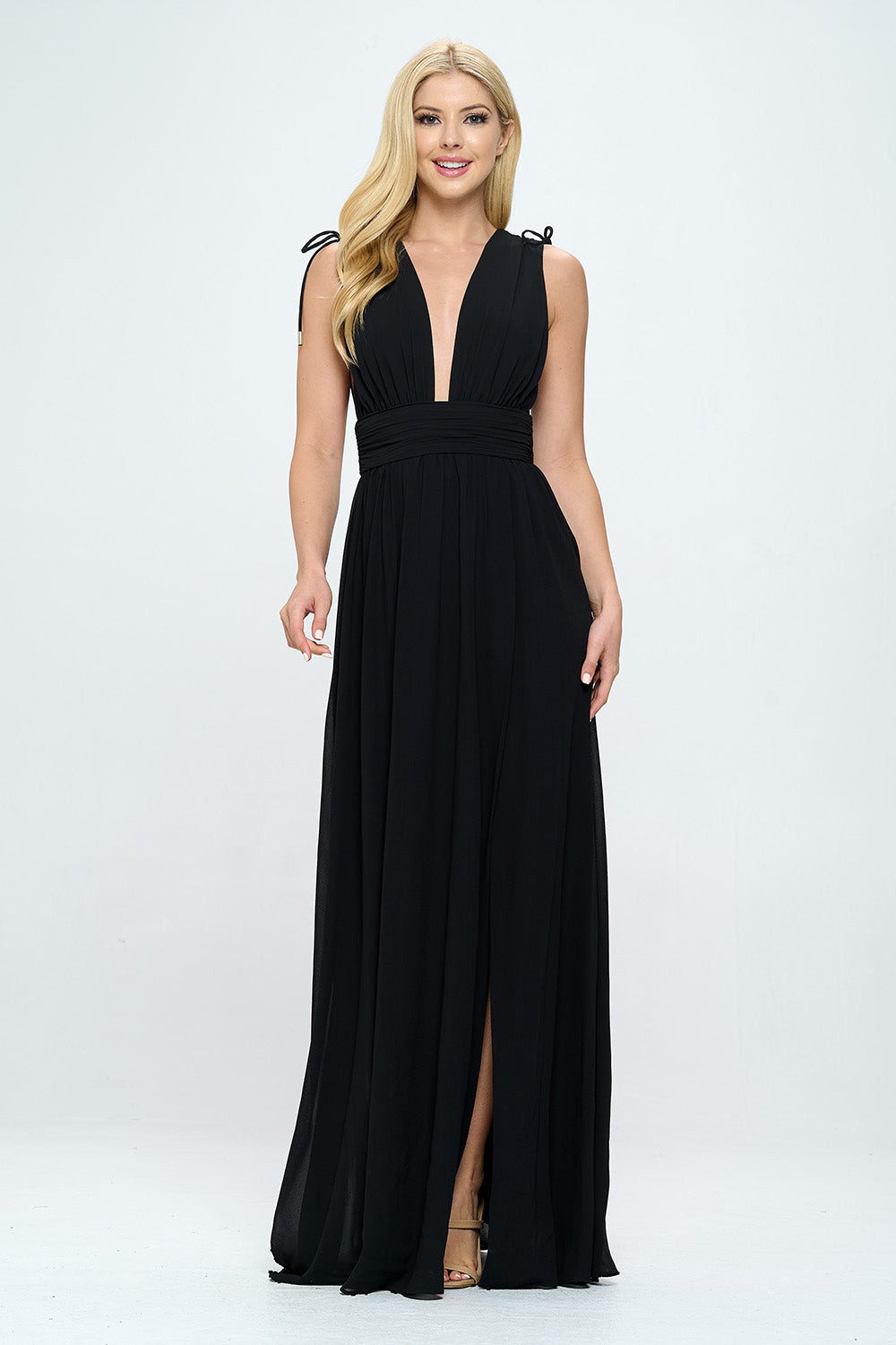 PLUNGING NECKLINE LACE UP SHOULDER SLIT MAXI DRESS